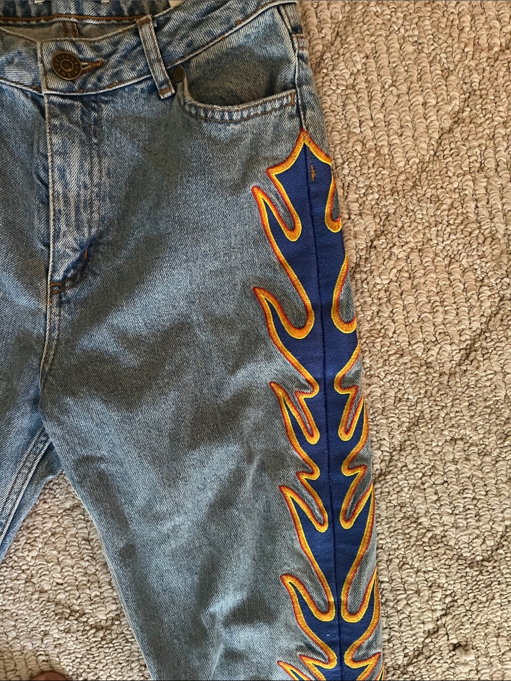 Sandro Blue Denim Skinny Jeans with Navy & Gold Flame Trim - Picture 3 of 7